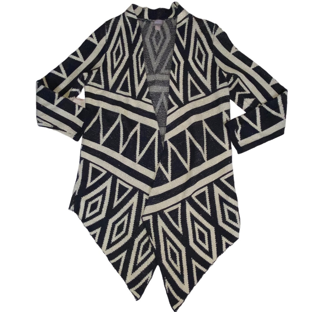 Chico's Black Gold Sparkle Open Asymmetric Geometric Tribal Cardigan 2 Large